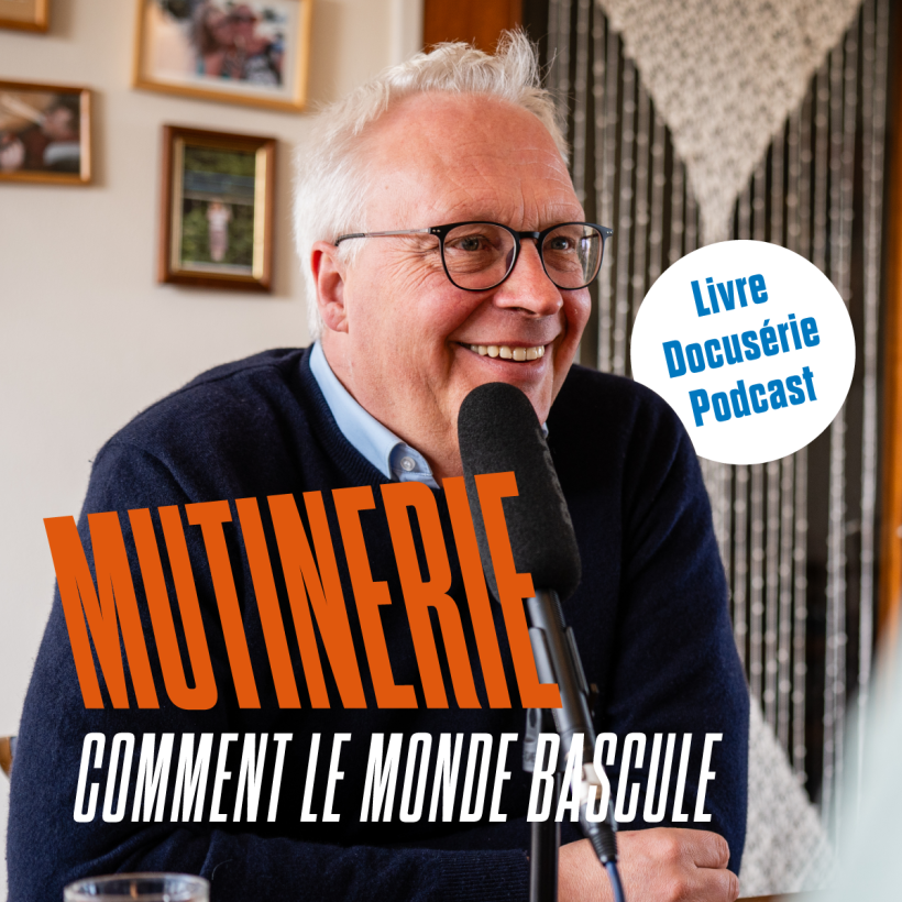 Visuel de promotion pour Mutinerie, où l'on voit Peter Mertens devant un micro