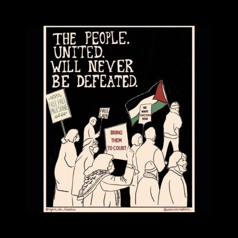 Dessin de personnes manifestant avec le message  : « The people united will never be defeated. » 