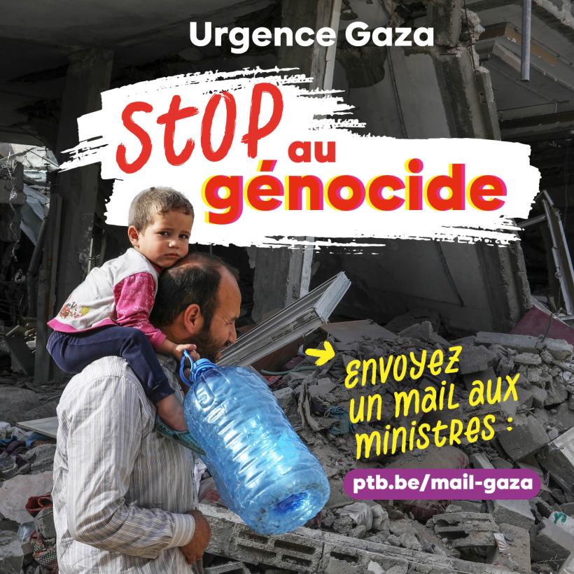 Visuel Urgence Gaza, envoyez un mail aux ministres. Sur la photo, un homme porte un enfant sur ses épaules et porte un bidon d'eau vide