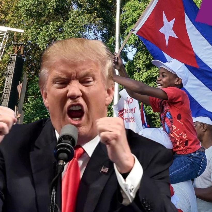 Montage photo : Trumpavec comme fond un jeune portant un drapeau cubain