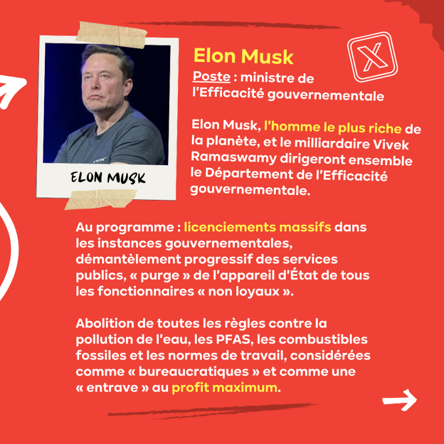 SLIDE 4 - Elon Musk, l'homme le plus riche de la planète, et le milliardaire Vivek Ramaswamy dirigeront ensemble le Département de l'Efficacité gouvernementale. Au programme : licenciements massifs dans les instances gouvernementales...