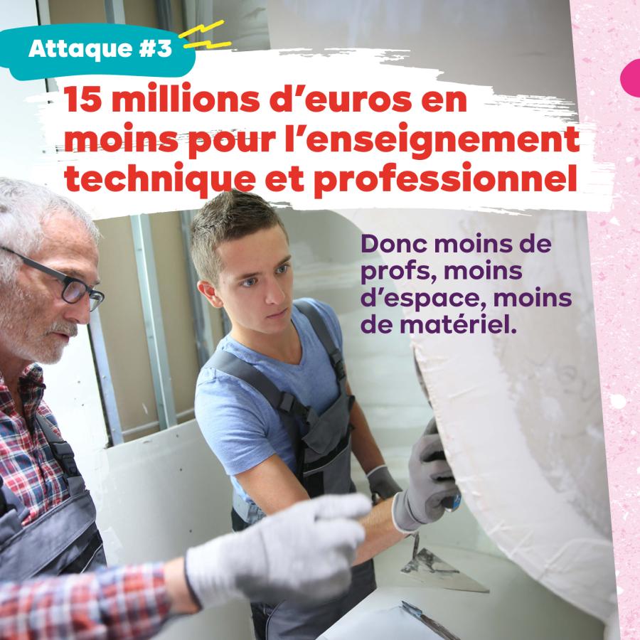 Attaque #3 : 15 millions d’euros en moins pour l’enseignement technique et professionnel