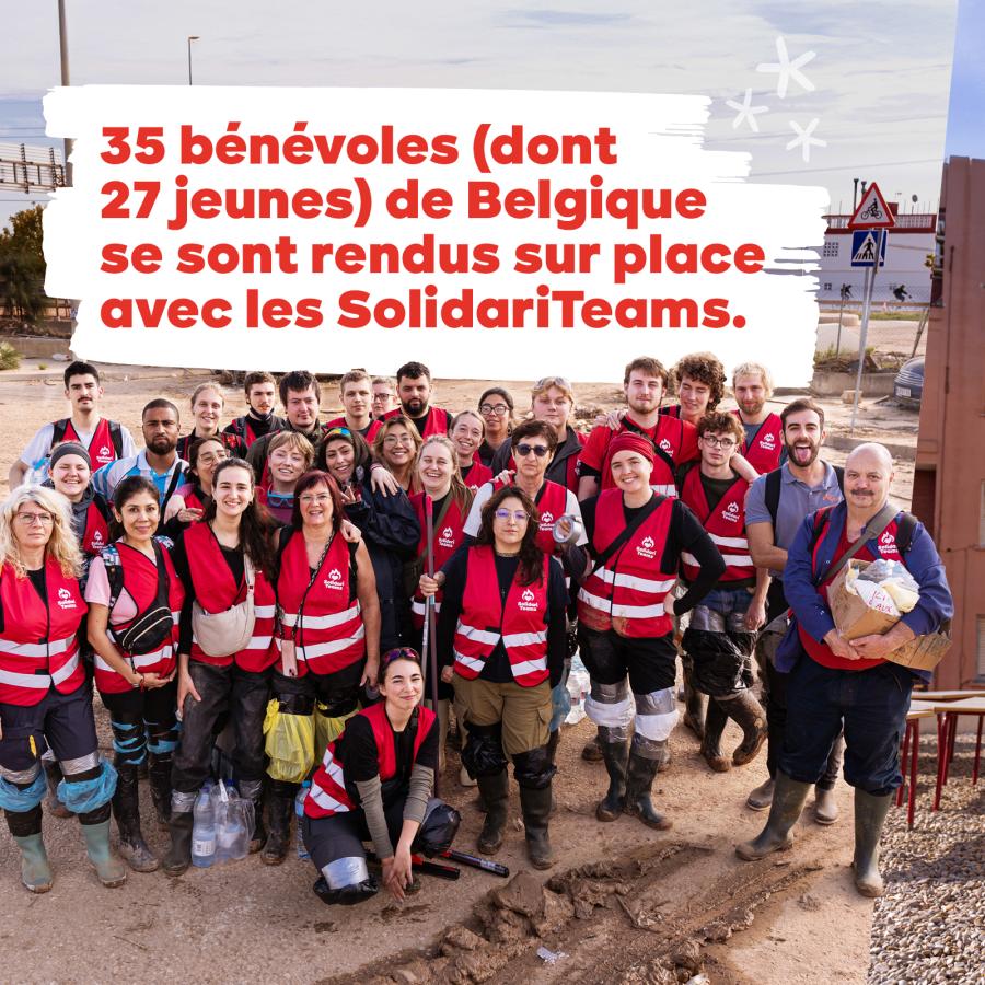 Carrousel SolidariTeams 3 : photo de groupe des bénévoles partis à Valence. Texte : 35 bénévoles (dont 27 jeunes) de Belgique se sont rendus sur place avec les SolidariTeams.