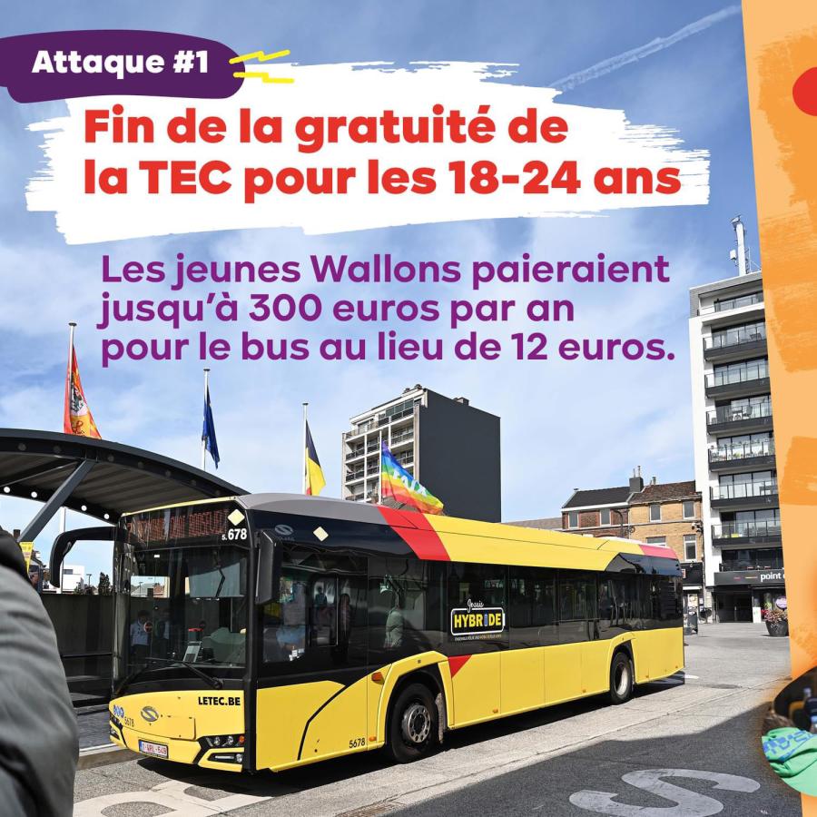 Attaque #2 : Fin de la gratuité de la TEC pour les 18-24 ans. Les jeunes Wallons paieraient jusqu'à 300 euros par an pour le bus au lieu de 12 euros.