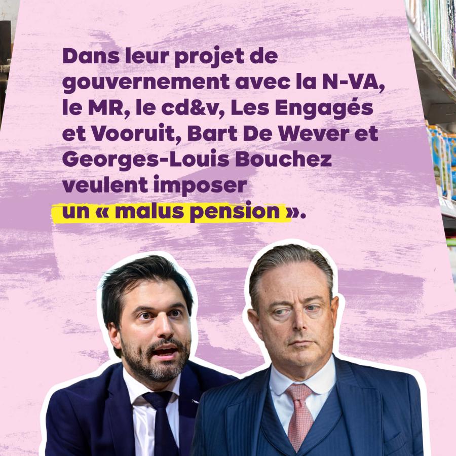 SLIDE 2 : Dans leur projet de gouvernement avec la NV-A, le MR, le cd&v, Les Engagés et Vooruit, Bart De Wever et Georges-Louis Bouchez veulent imposer un « malus pension ».