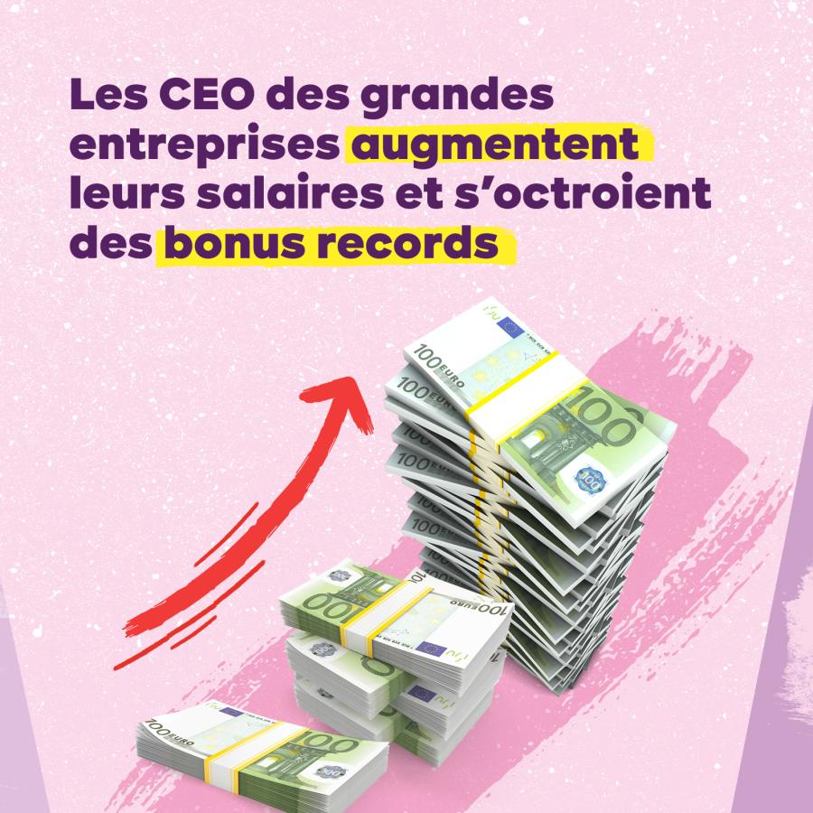 Une flèche monte dans un graphique avec des piles de billets. Texte : Les CEO des grandes entreprises augmentent leurs salaires et s'octroient des bonus records