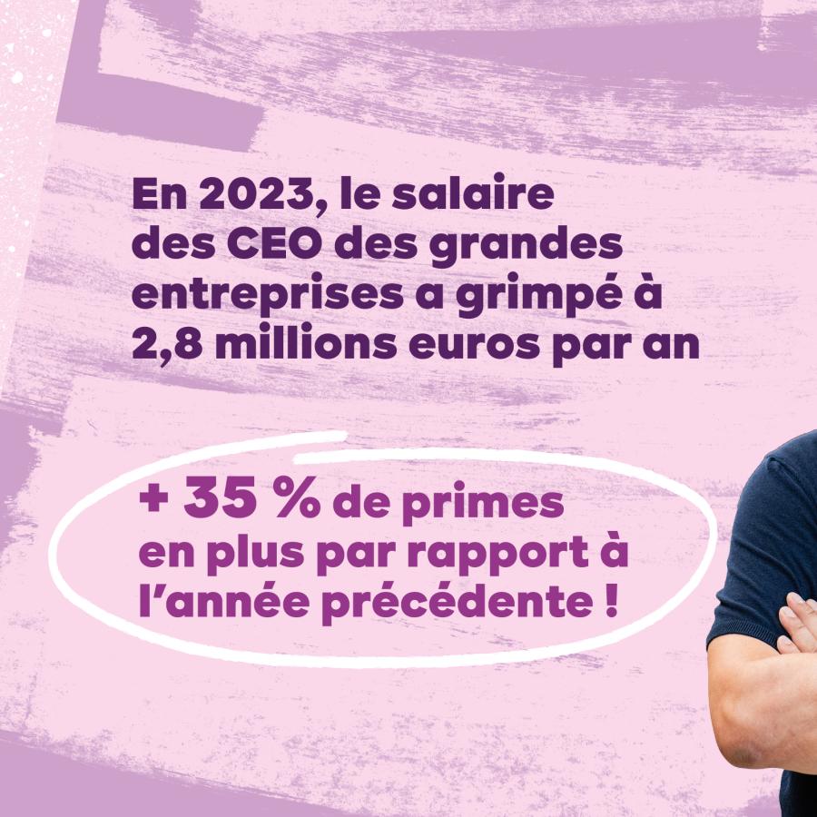 Texte : En 2023, le salaire des CEO des grandes entreprises a grimpé à 2,8 millions euros par an   -> +35% de primes en plus par rapport à l'année précédente !