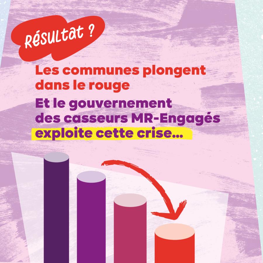 Graphique descendant avec une flèche plongeante. Texte : Résultat ? Les communes plongent dans le rouge. Et le gouvernement des casseurs MR-Engagés exploite cette crise...