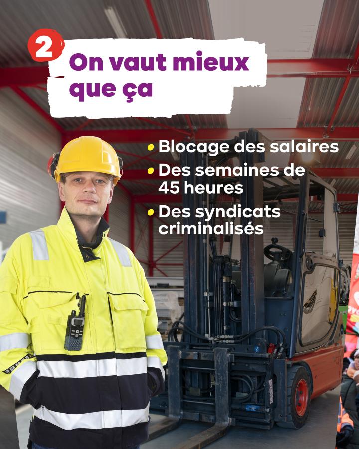 Un travailleur de la distribution regarde la caméra. Texte : 2. On vaut mieux que ça. Blocage des salaires. Des semaines de 45 heures. Des syndicats criminalisés