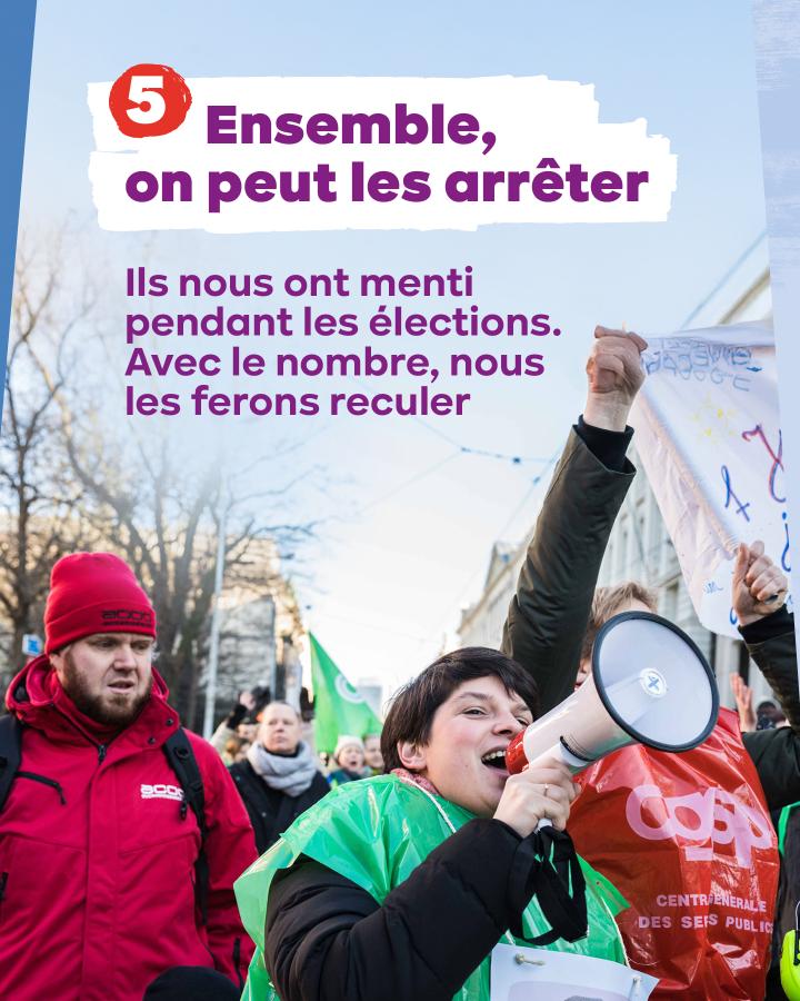Une jeune femme avec un porte-voix en manifestation. 5. Ensemble, on peut les arrêter Ils nous ont menti pendant les élections. Avec le nombre, nous les ferons reculer