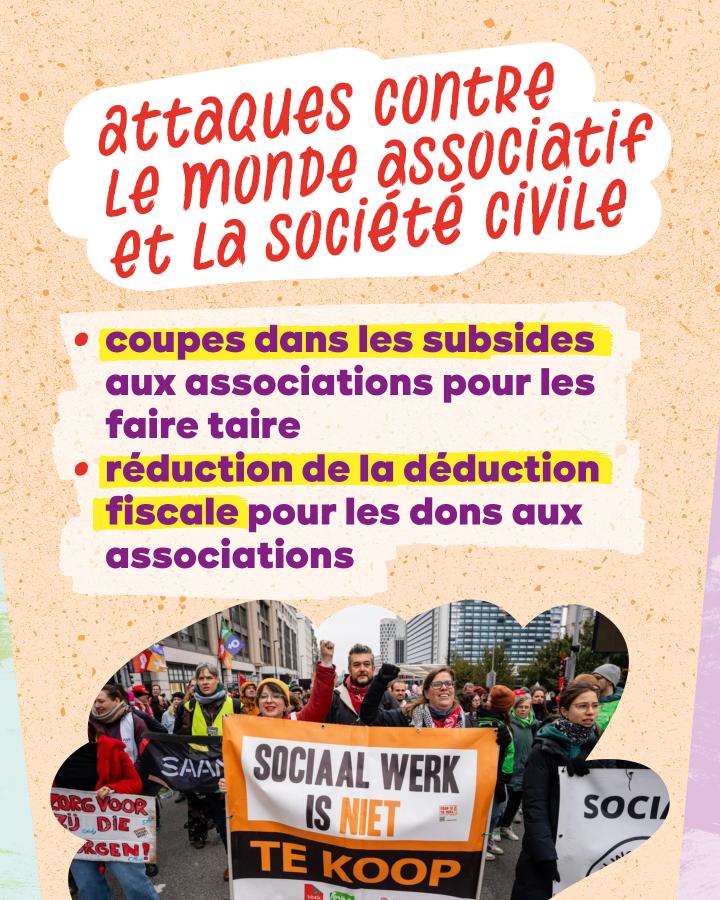 Attaques contre le monde associatif et la société civile. coupes dans les subsides aux associations pour les faire taire, réduction de la déduction fiscale pour les dons aux associations