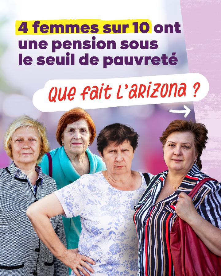 4 femmes regardent l'objectif d'un air déterminé. Texte : 4 femmes sur 10 ont une pension sous le seuil de pauvreté. Que fait l'Arizona ?