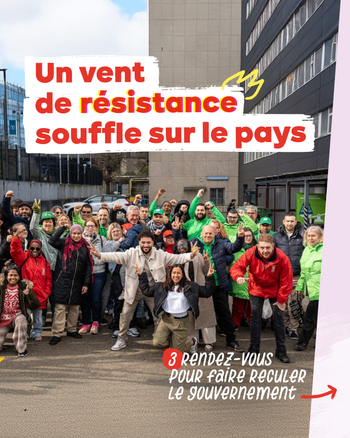 Photo de groupe à un piquet lors de la grève du 31 mars 2025. Texte : Un vent de résistance souffle sur le pays. 3 rendez-vous pour faire reculer le gouvernement