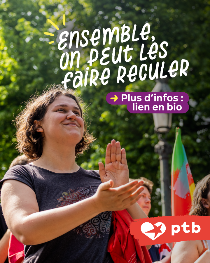 Une jeune femme appleudit dans une foule. Texte : Ensemble, on peut les faire reculer