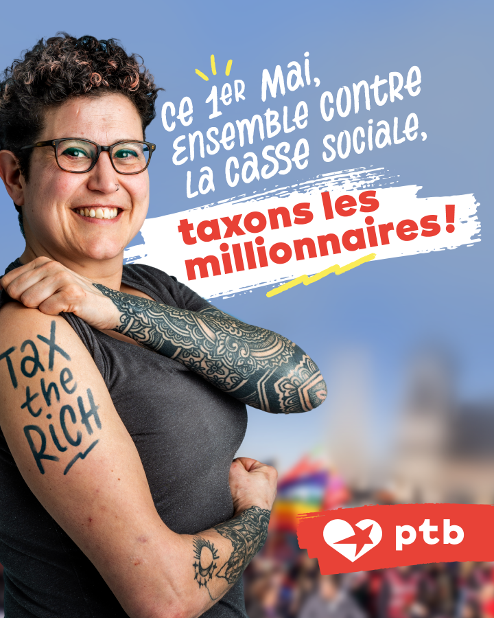 Photo d'une femme avec un tatouage "Tax the rich" sur le bras. Texte : Ce 1er Mai, ensemble contre la casse sociale, taxons les millionnaires !