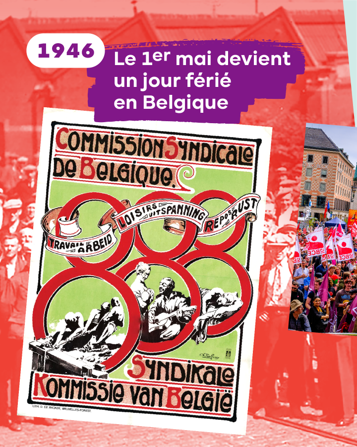 Affiche de la Commission syndicale de Belgique. Texte : 1946. Le 1er mai devient un jour férié en Belgique.