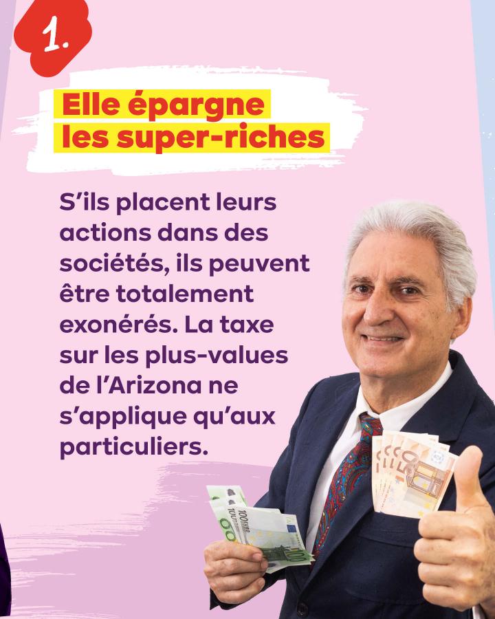 1. Elle épargne les super-riches. S'ils placent leurs actions dans des sociétés, ils peuvent être totalement exonérés. La taxe sur les plus-values de l'Arizona ne s'applique qu'aux particuliers.