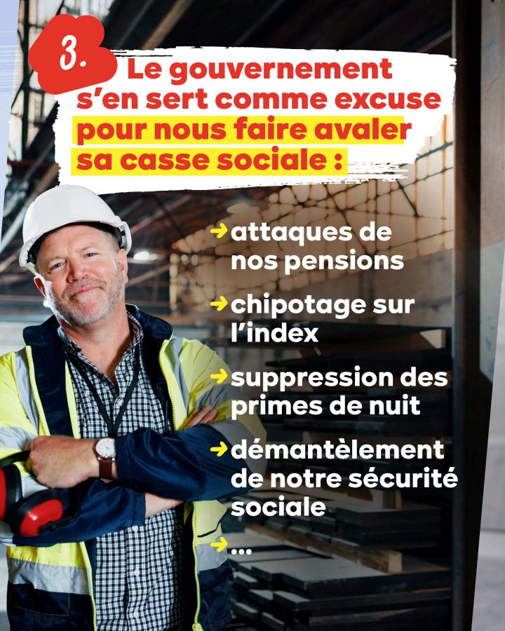 3. Le gouvernement s'en sert comme excuse pour nous faire avaler sa casse sociale : Attaques de nos pensions. Chipotage sur l'index. Suppression des primes de nuit. Démantèlement de notre sécurité sociale...
