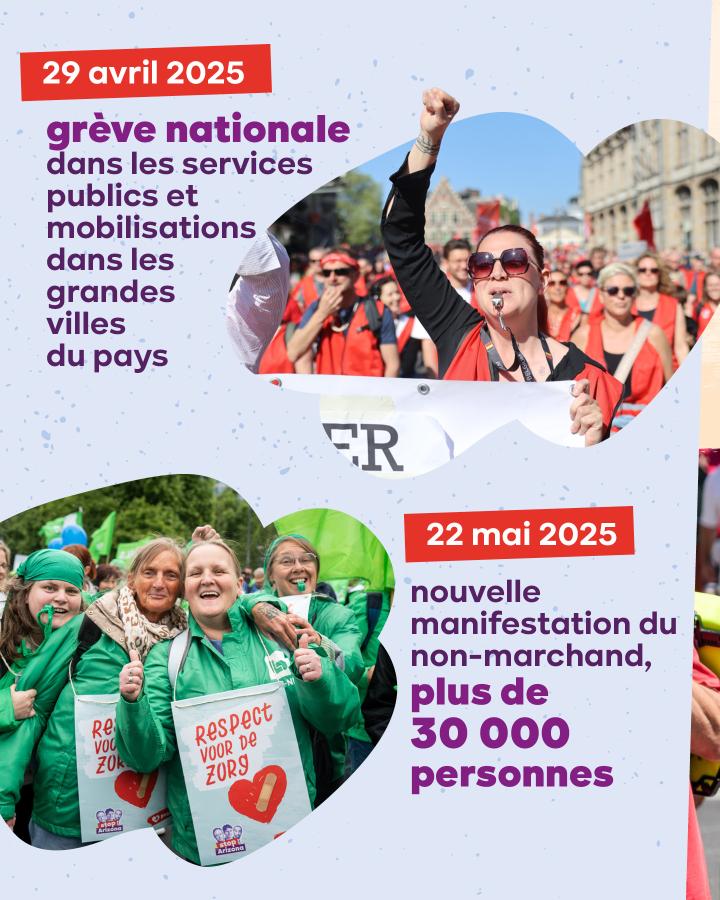 29 avril 2025 grève nationale dans les services publics et mobilisations dans les grandes villes du pays 22 mai 2025 nouvelle manifestation du non-marchand, plus de 30 000 personnes
