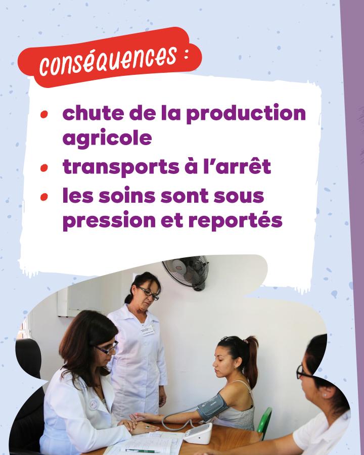 Conséquences :  chute de la production agricole transports à l’arrêt les soins sont sous pression et reportés