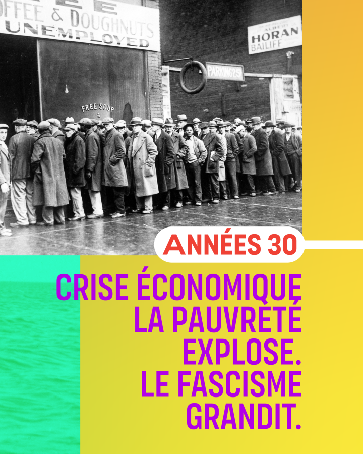 Années 30  Crise économique. La pauvreté explose. Le fascisme grandit.
