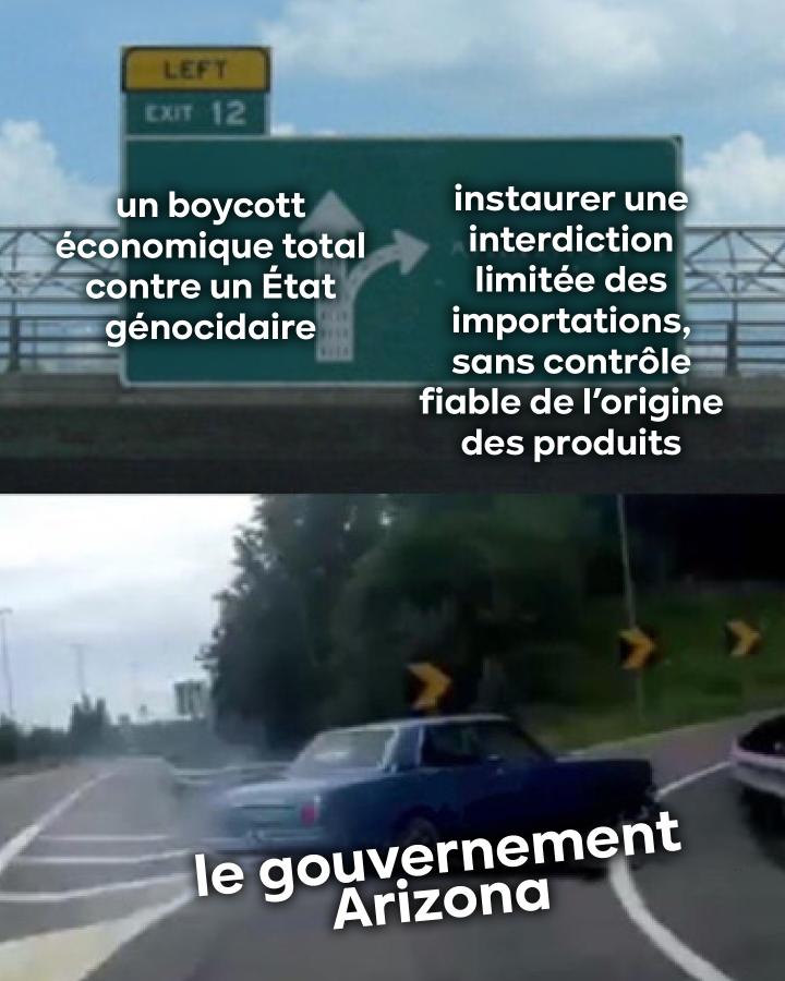 Le gouvernement Arizona choisit d' instaurer une interdiction limitée des importations, sans contrôle fiable de l’origine des produits. Plutôt qu'un boycott économique total contre un État génocidaire