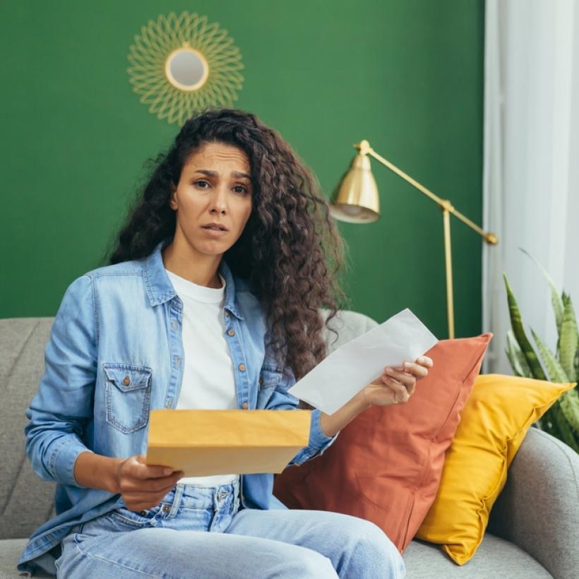 Une femme assise dans un canapé affiche un air perplexe en découvrant sa facture.