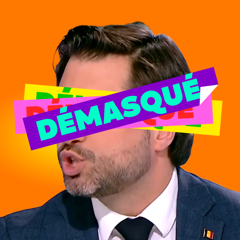 Visuel avec le visage de Georges-Louis Bouchez (MR) barré du mot "démasqué".