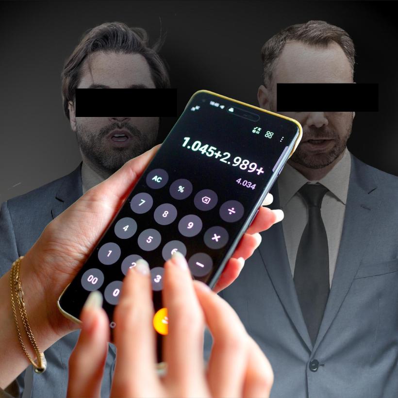 Un téléphone montrant l'application calculatrice devant les silhouettes de Bouchez et Prévot