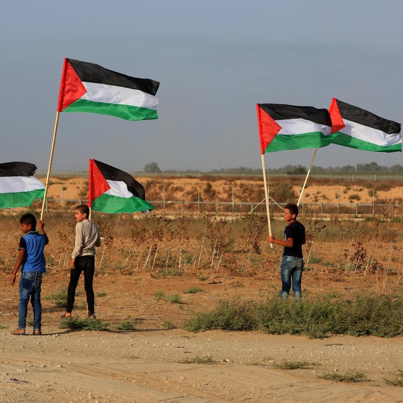 Palestijnse jongeren met Palestijnse vlaggen tijdens een betoging tegen Israëlisch aanvallen op de Westelijke Jordaanoever