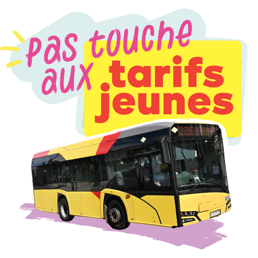 Image d'un bus TEC avec le slogan "Pas touche aux tarifs jeunes"