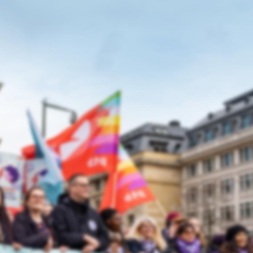 Beeld van een optocht van de PVDA