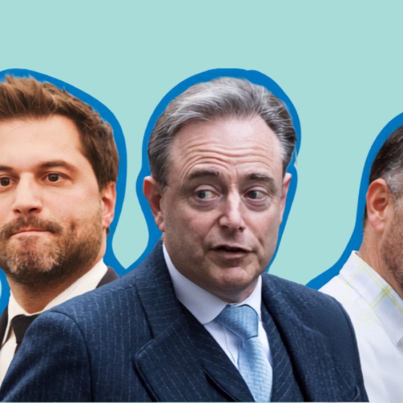 Photomontage de Georges-Louis Bouchez, Bart De Wever et Maxime Prévot.