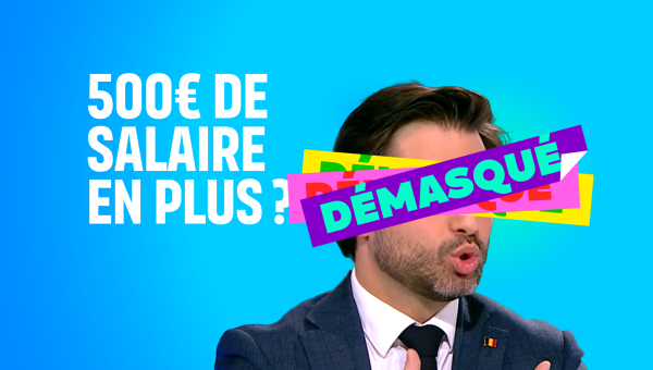 Georges-Louis Bouchez avec un bandeau "Démasqué" sur les yeux. 