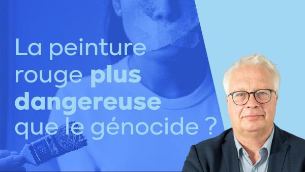 Peter Mertens sur fond bleu. Texte : La peinture rouge, plus dangereuse que le génocide ?